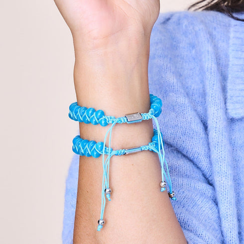 Aigue-marine | Argent | Bracelet double macramé en verre Cheshire